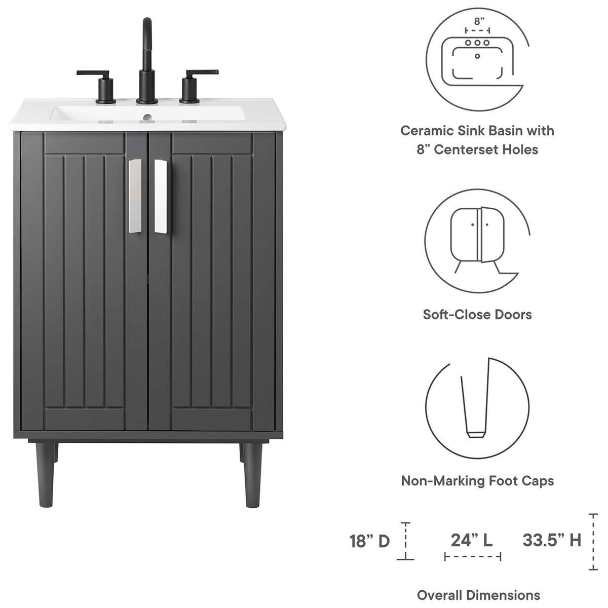 Feature highlights and overall dimensions for the Augusta 24-inch bathroom vanity || EEI-5800-GRY-WHI || dimension_studio