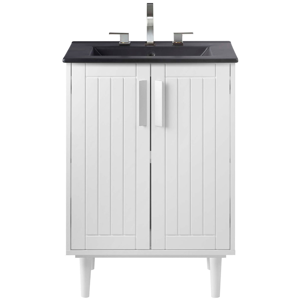 Clean-lined vanity pairs a black basin with a bright white cabinet for a modern, minimalist look || EEI-5800-WHI-BLK || front_studio