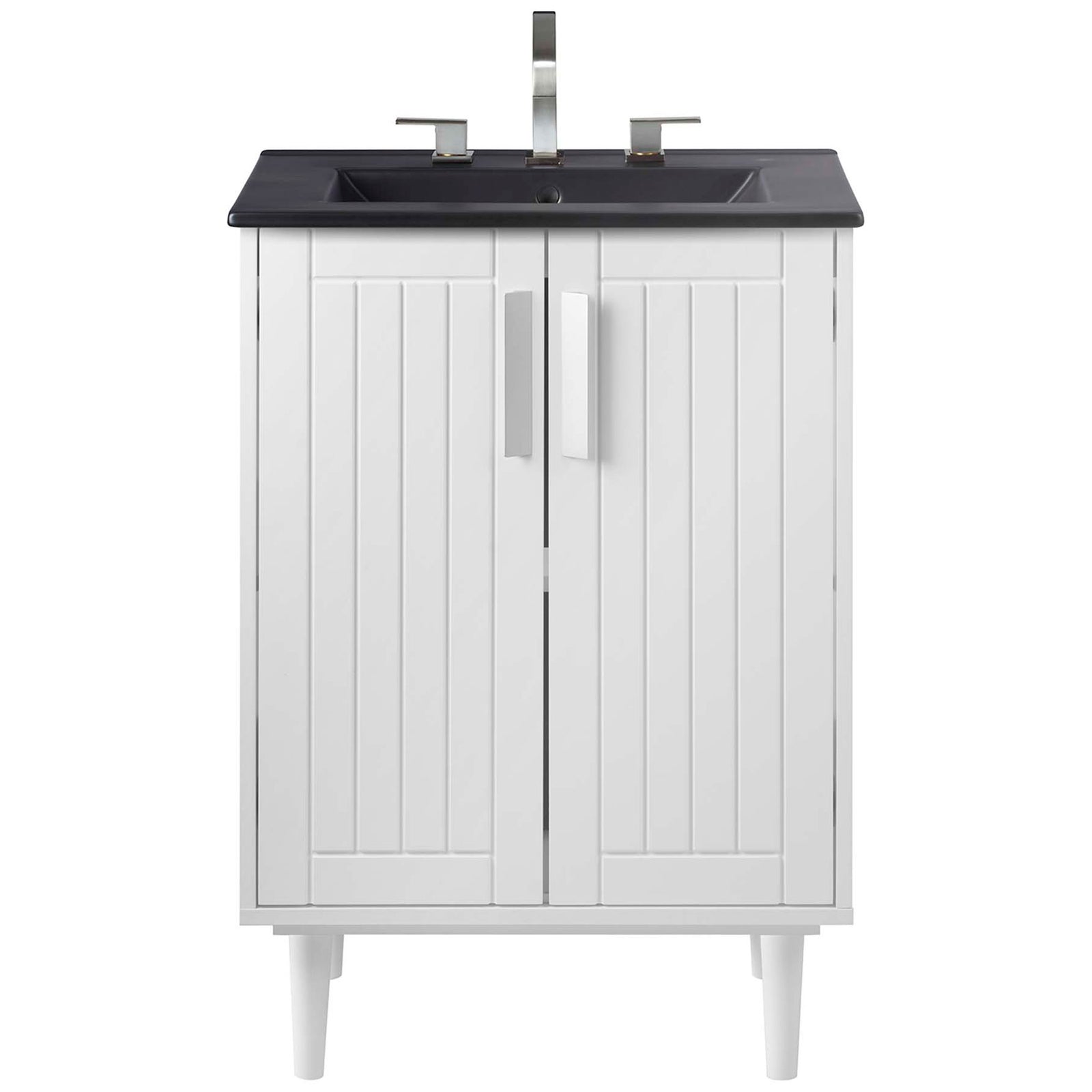 Clean-lined vanity pairs a black basin with a bright white cabinet for a modern, minimalist look || EEI-5800-WHI-BLK || front_studio