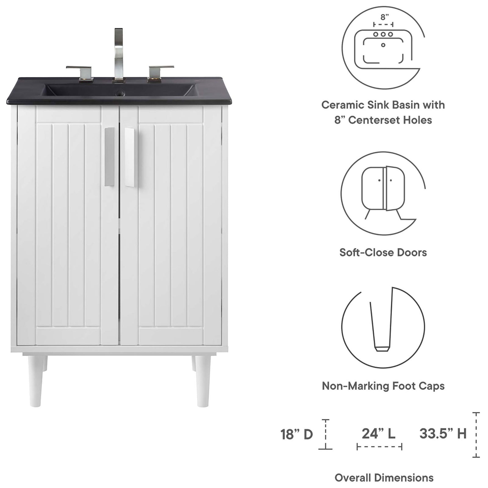 Key features and overall dimensions of the Augusta 24 inch bathroom vanity || EEI-5800-WHI-BLK || dimension_studio