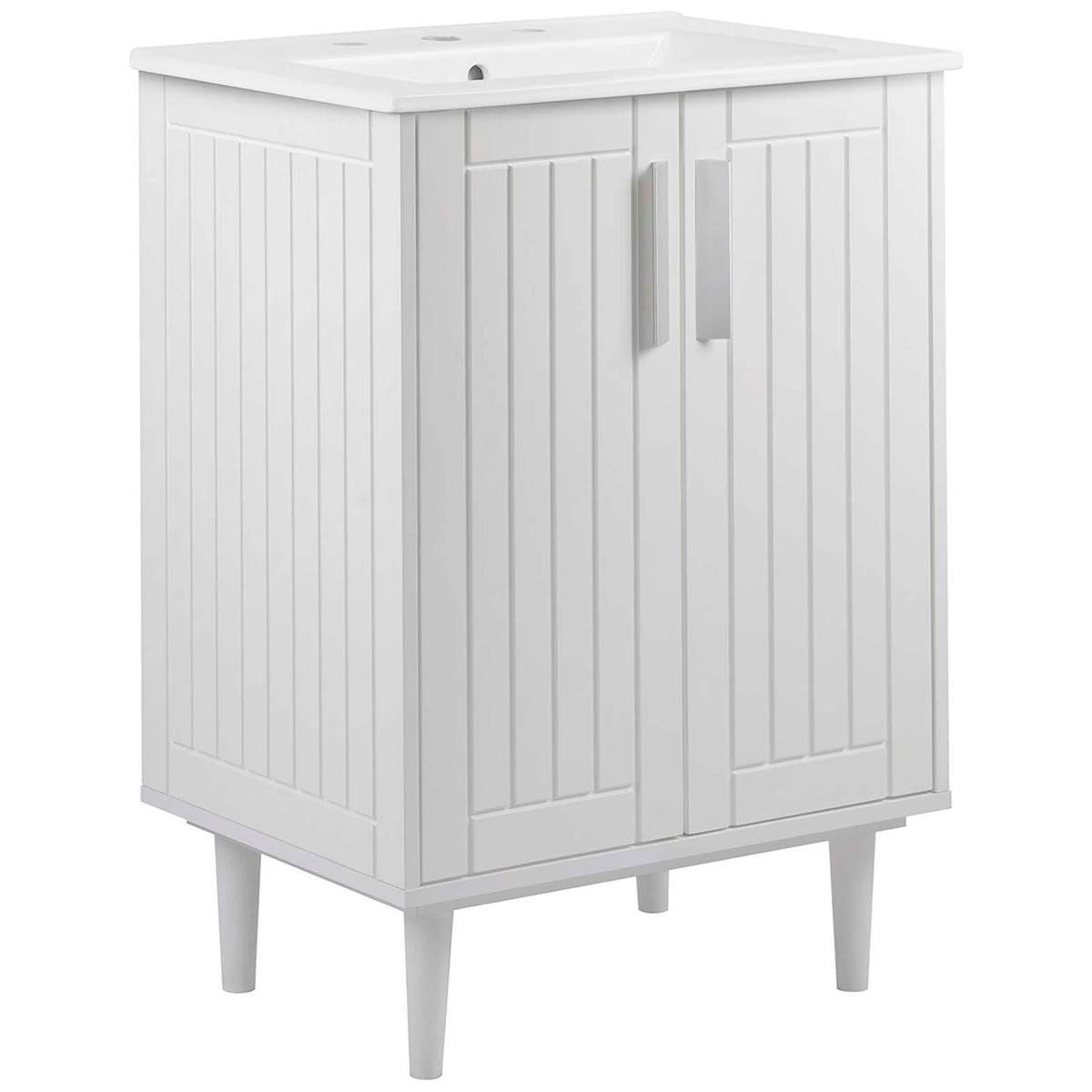 Sleek 24-inch bathroom vanity in smooth white with beadboard-style doors and modern rectangular pulls || EEI-5800-WHI-WHI || front_angle_studio