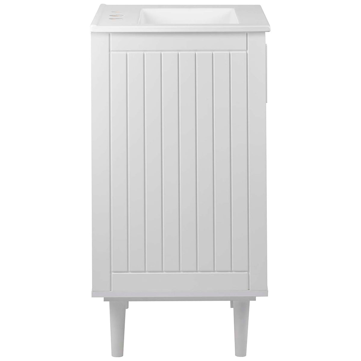 Slim profile with vertical paneling and tapered legs adds modern charm to this white vanity || EEI-5800-WHI-WHI || side_studio