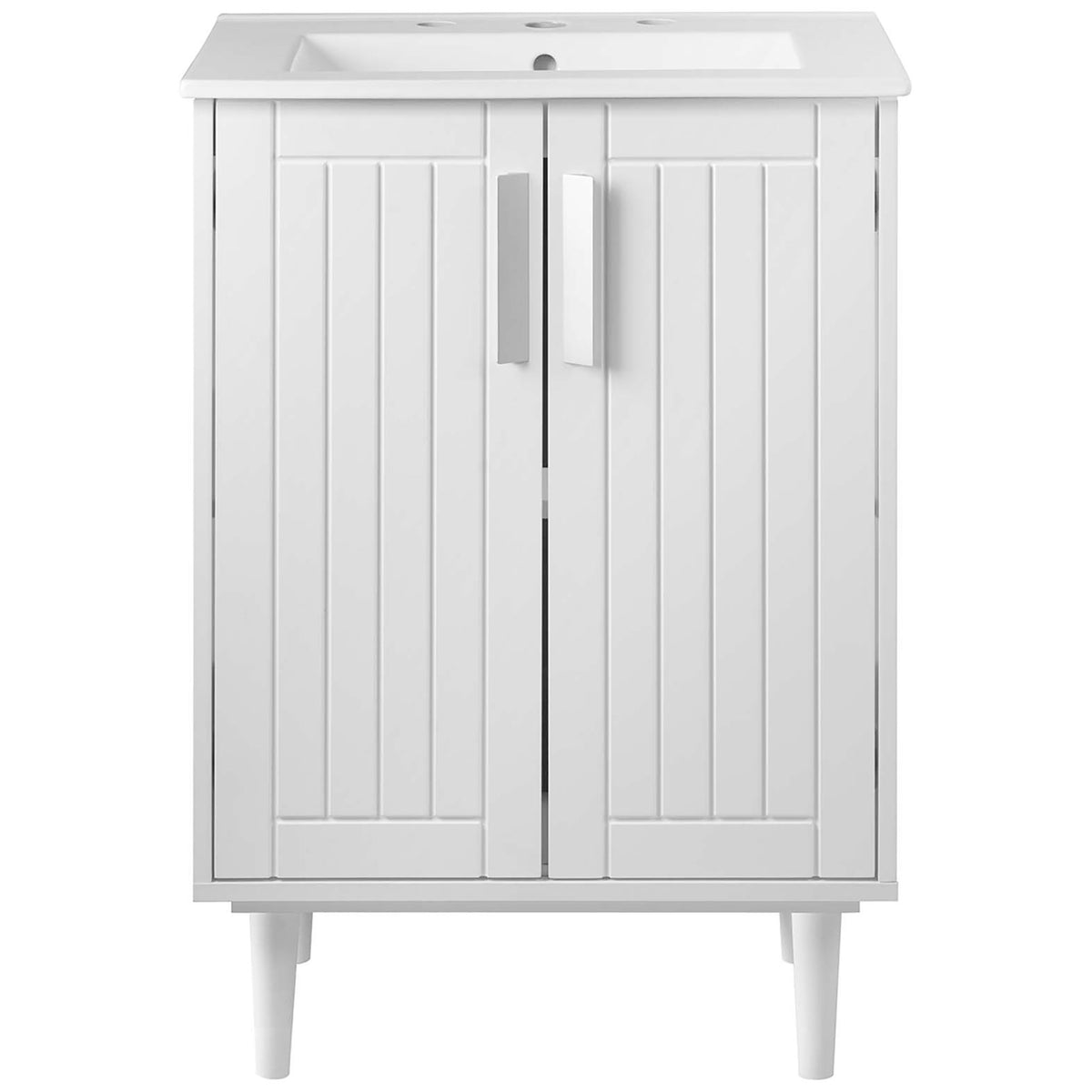 Clean white vanity with paneled double doors, tapered legs, and an integrated ceramic sink || EEI-5800-WHI-WHI || front_studio