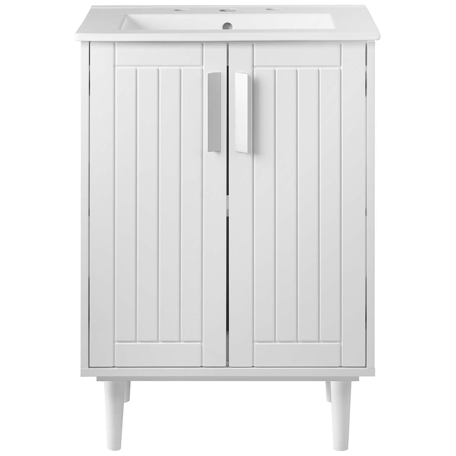 Clean white vanity with paneled double doors, tapered legs, and an integrated ceramic sink || EEI-5800-WHI-WHI || front_studio