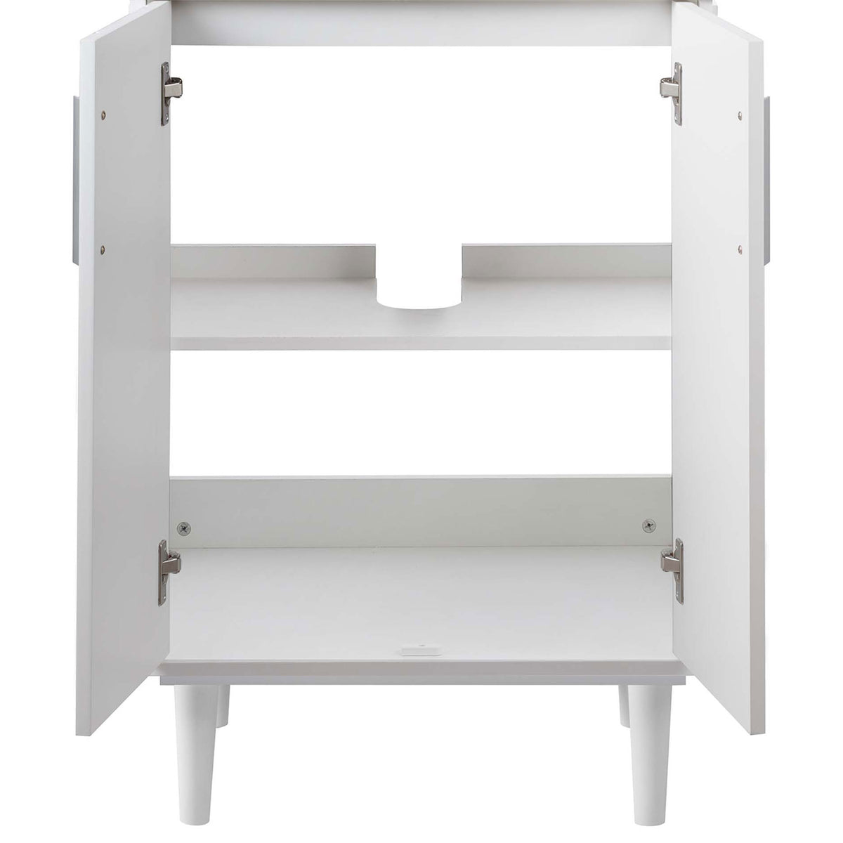 Spacious cabinet storage with soft-close double doors and a shelf with plumbing cutout in a crisp white finish || EEI-5800-WHI-WHI || front_open_studio