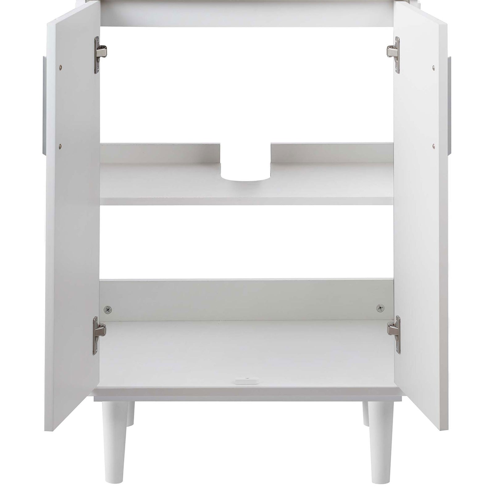 Spacious cabinet storage with soft-close double doors and a shelf with plumbing cutout in a crisp white finish || EEI-5800-WHI-WHI || front_open_studio