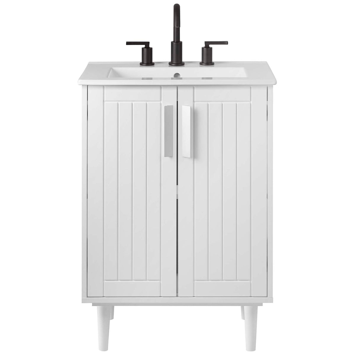 Refined white vanity with an integrated sink and sleek metal pulls for a clean, modern look || EEI-5800-WHI-WHI || front_studio