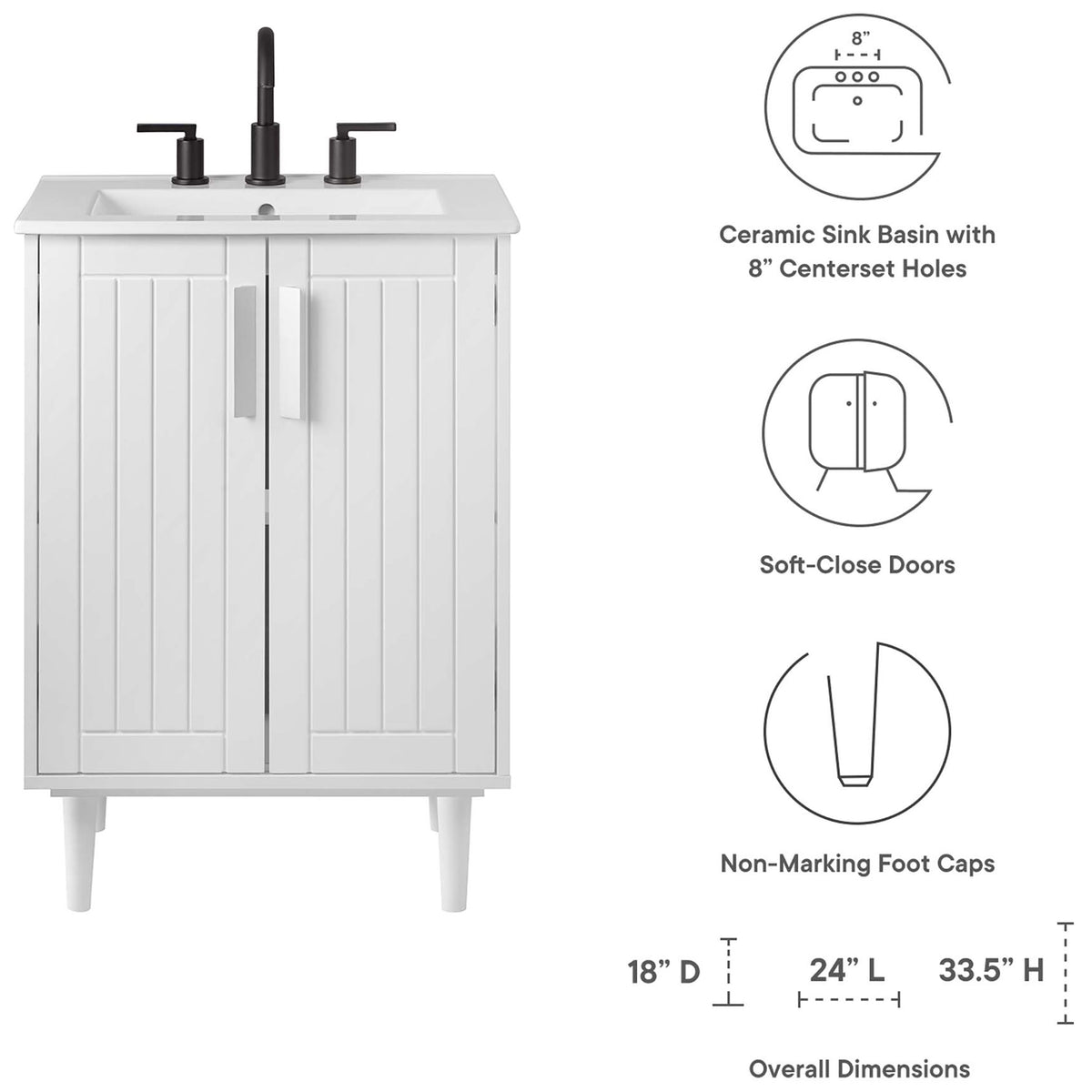 Feature callouts and overall dimensions for the white vanity with ceramic sink || EEI-5800-WHI-WHI || dimension_studio