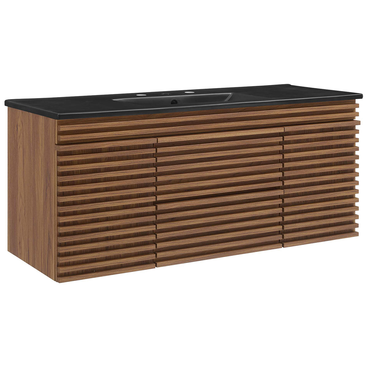 Mid-century walnut vanity with slatted fronts and a sleek black countertop with integrated basin. || EEI-5801-WAL-BLK || front_angle_studio
