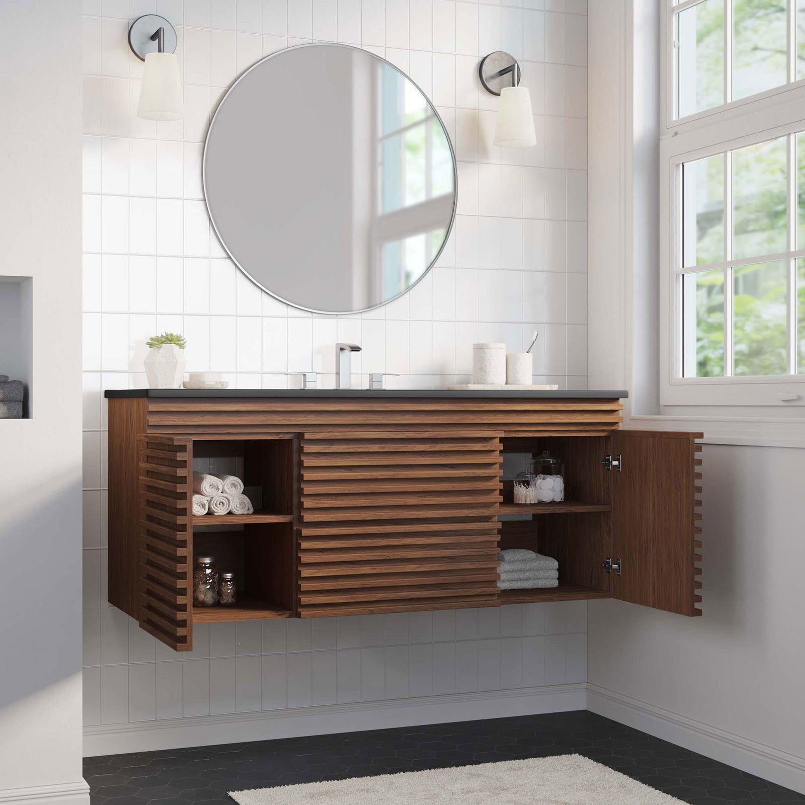 Wall-mounted walnut vanity styled in a bright bath, with shelving revealed behind the right door. || EEI-5801-WAL-BLK || front_angle_open_room