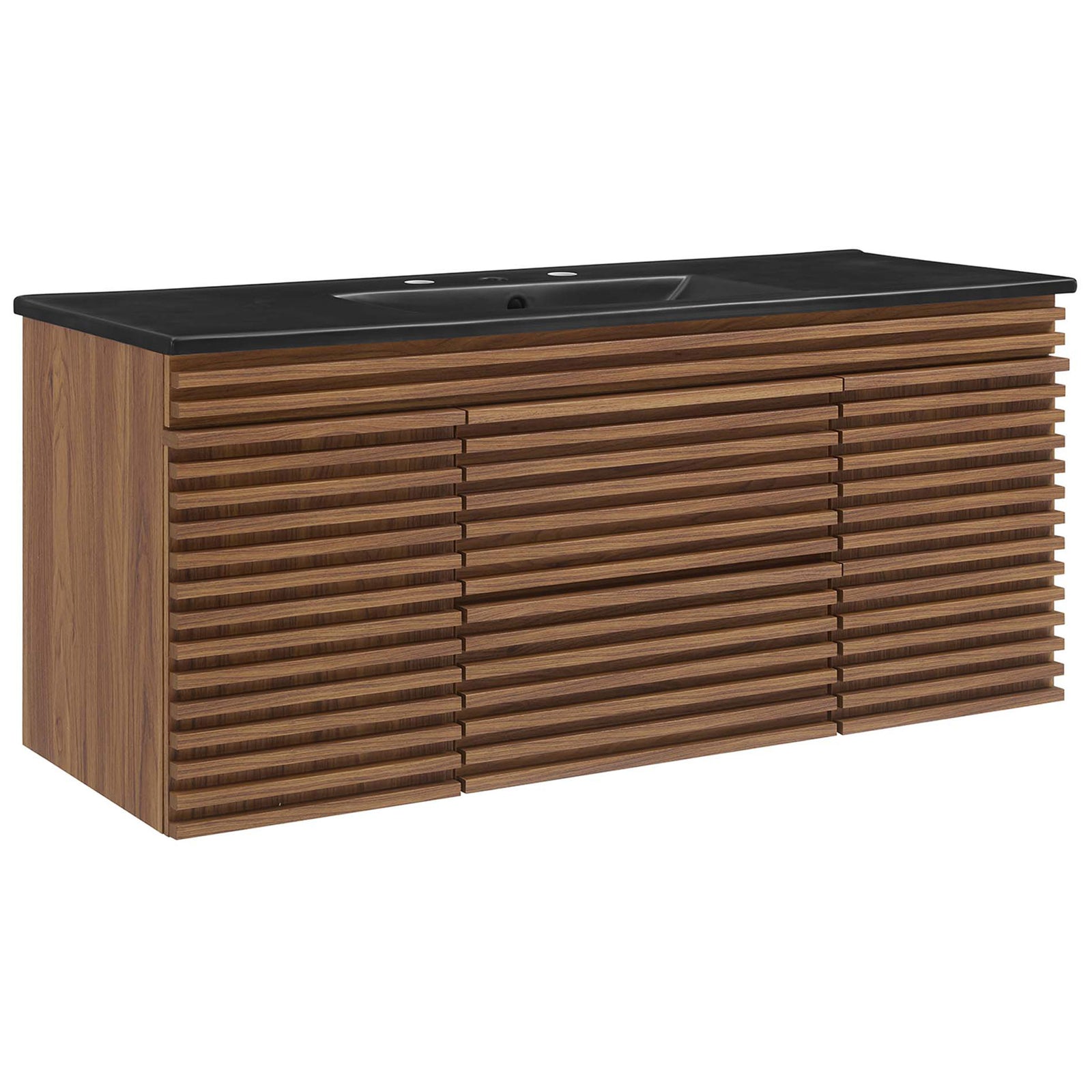 Mid-century walnut vanity with slatted fronts and a sleek black countertop with integrated basin. || EEI-5801-WAL-BLK || front_angle_studio