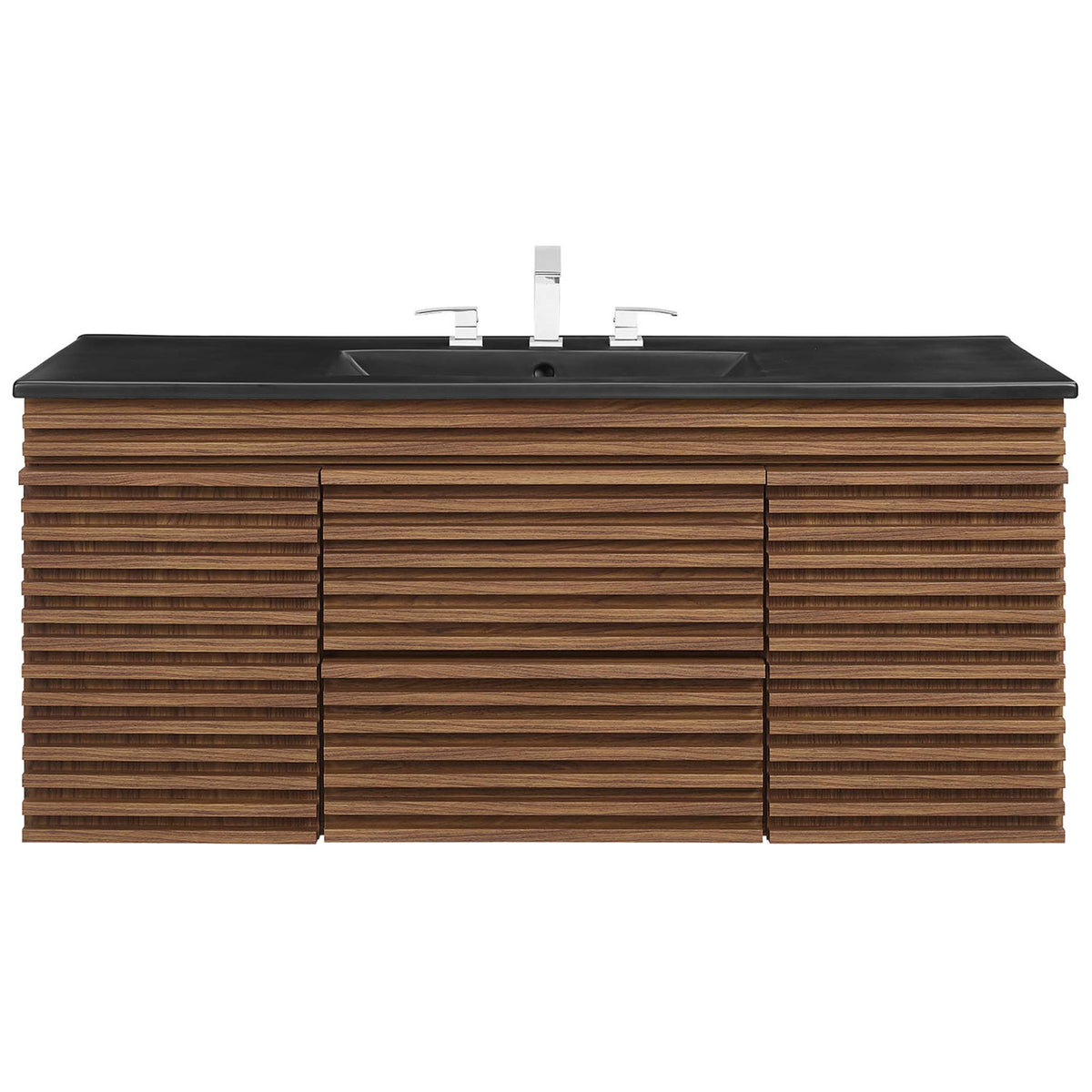 Walnut slatted vanity topped with a black counter and sink, paired with widespread faucet hardware. || EEI-5801-WAL-BLK || front_studio