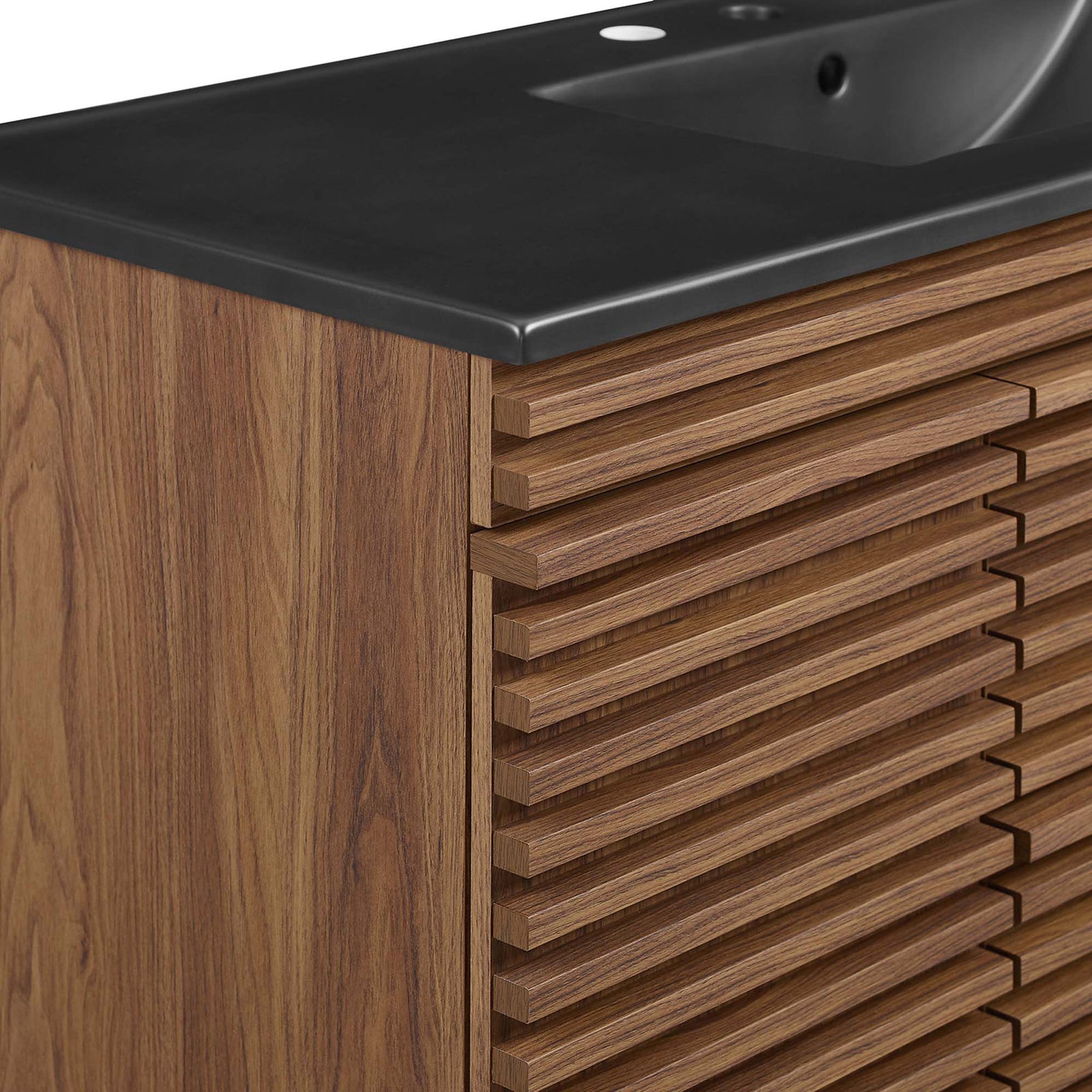 Textured horizontal slats meet a smooth matte black top for a refined, modern contrast. || EEI-5801-WAL-BLK || detail_studio