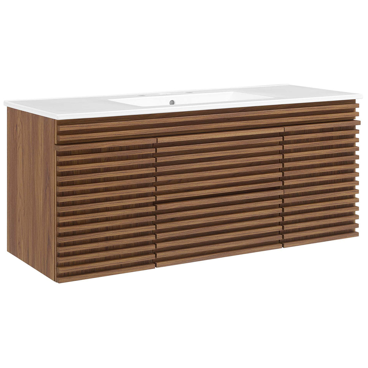 Mid-century floating walnut vanity with fluted slat facade and integrated white ceramic basin || EEI-5801-WAL-WHI || front_angle_studio
