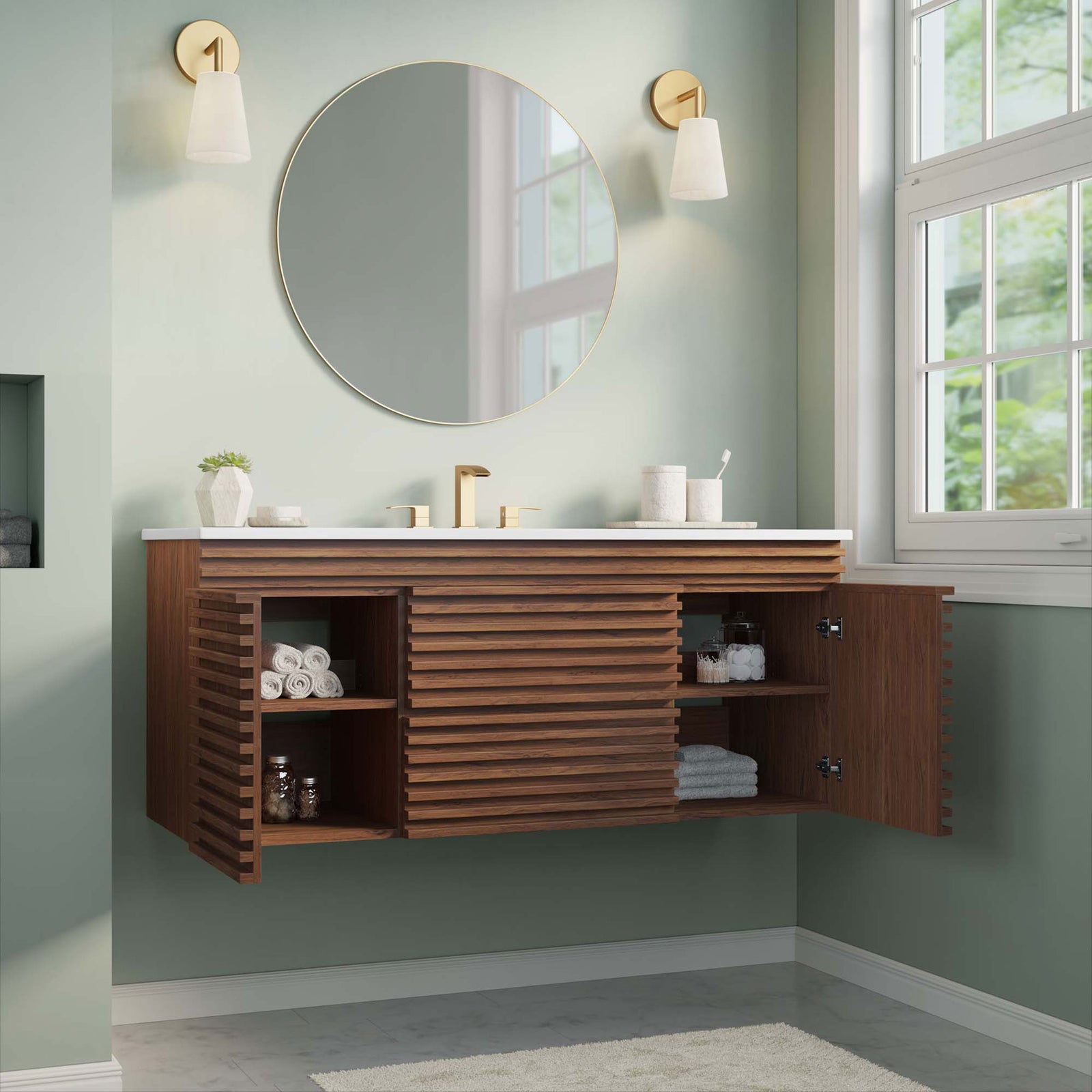 Ample open shelving keeps towels within reach while the floating slatted design lightens the room || EEI-5801-WAL-WHI || front_angle_open_room