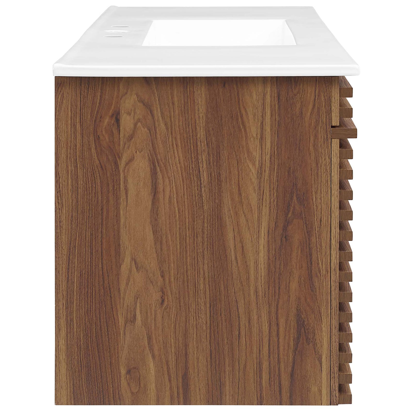 Rich walnut wood-look finish and crisp white top showcase clean lines in a space-saving wall-mount design || EEI-5801-WAL-WHI || side_studio