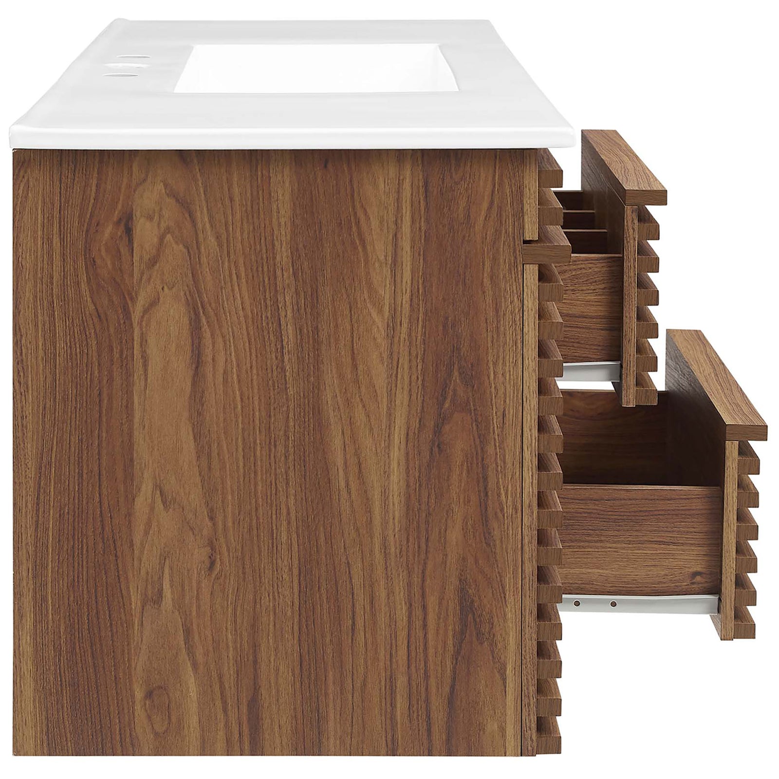 Full-extension drawers glide smoothly, organizing essentials within the slatted walnut vanity || EEI-5801-WAL-WHI || side_open_studio