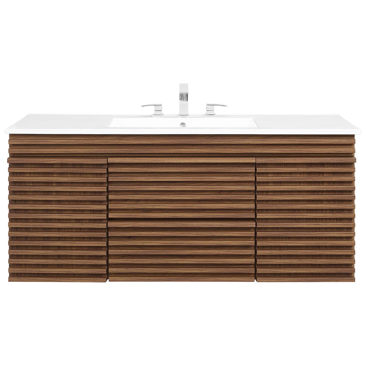 Sculpted ceramic basin crowns a fluted walnut vanity for a refined, mid-century centerpiece || EEI-5801-WAL-WHI || front_studio