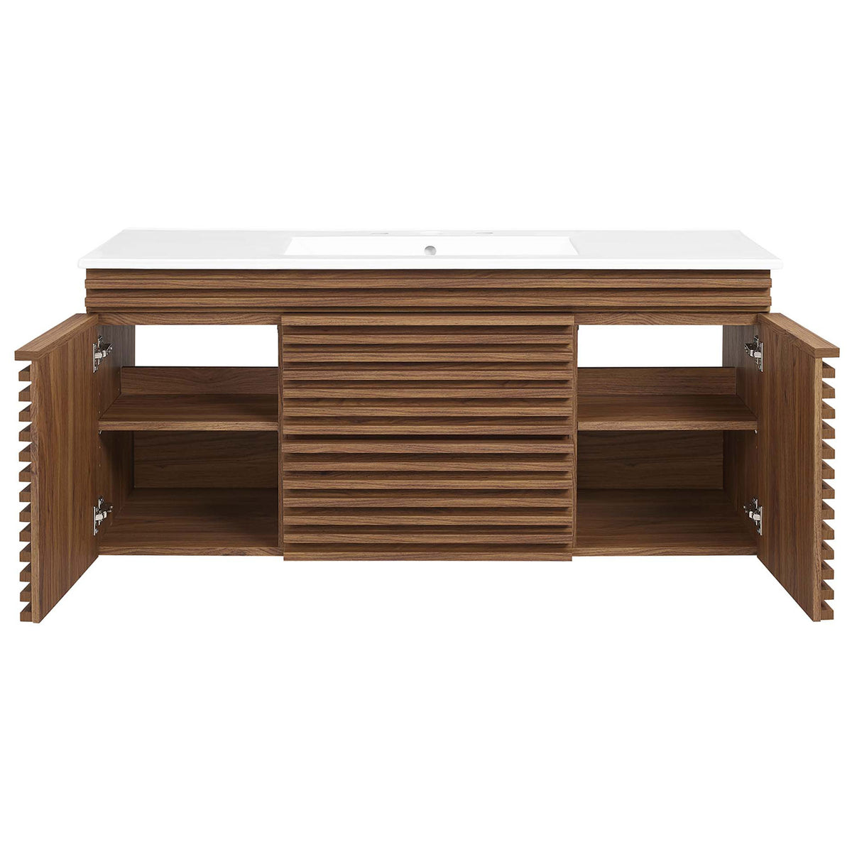 Floating walnut vanity with fluted slat doors opened to reveal adjustable shelves and generous storage || EEI-5801-WAL-WHI || front_open_studio