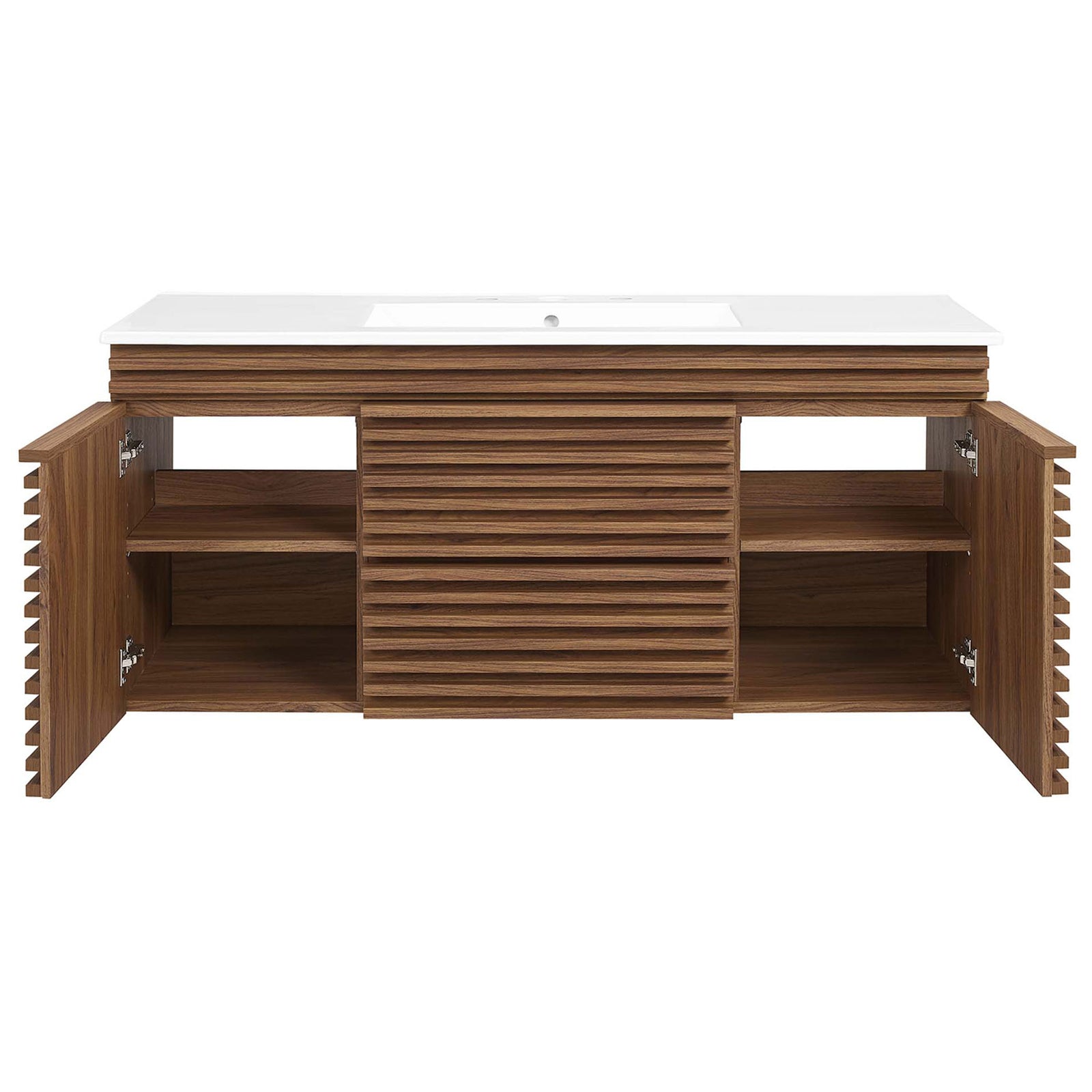 Floating walnut vanity with fluted slat doors opened to reveal adjustable shelves and generous storage || EEI-5801-WAL-WHI || front_open_studio