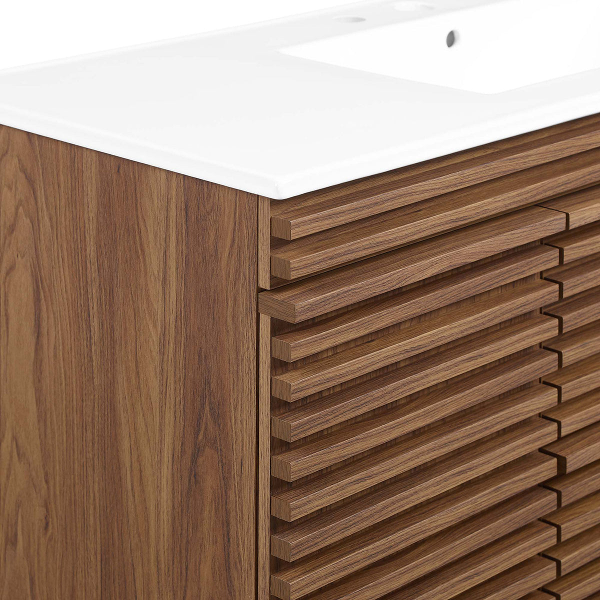 Textured slatted fronts add striking mid-century character to the warm walnut grain || EEI-5801-WAL-WHI || detail_studio