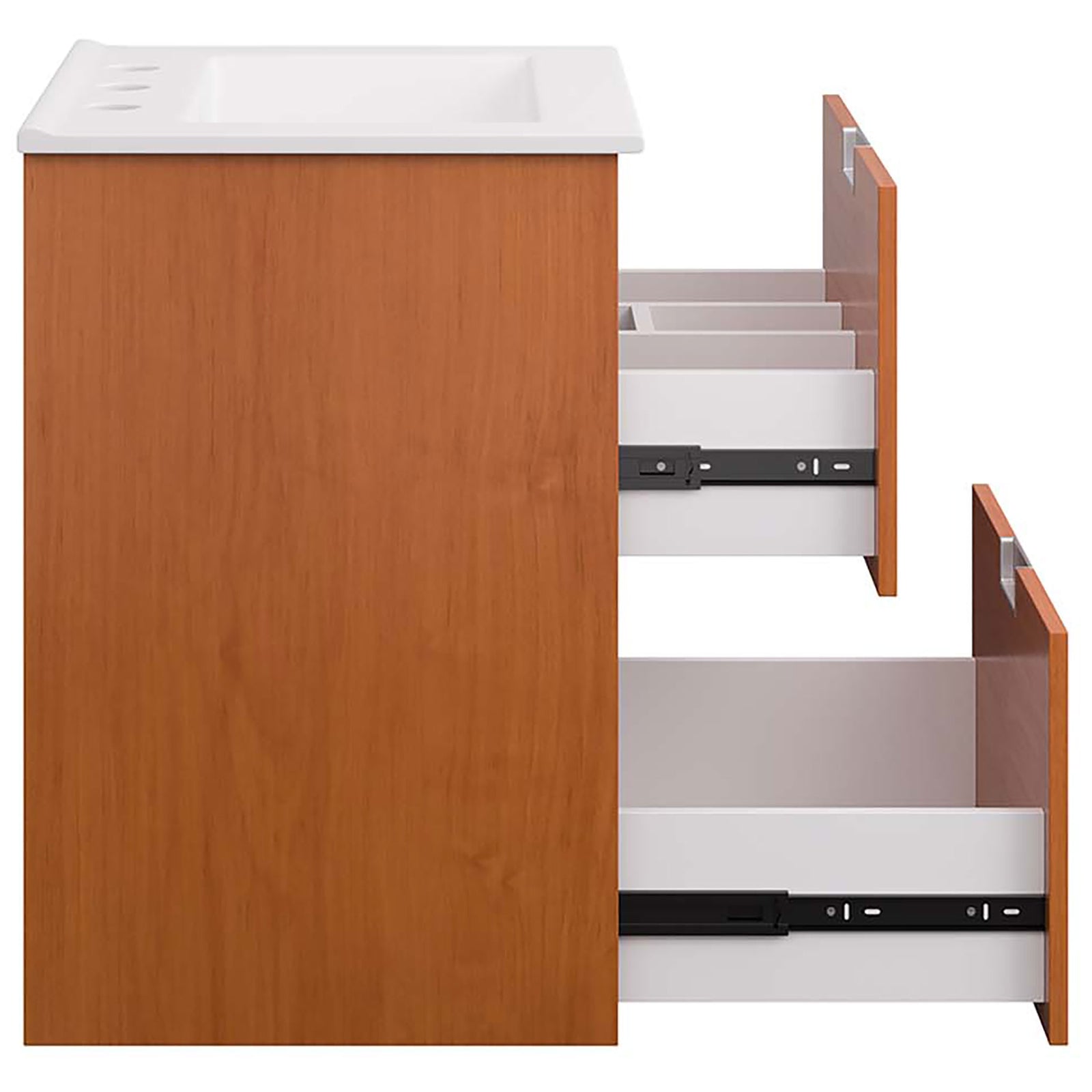 Open drawers reveal full-extension glides and organized storage for bath essentials || EEI-5810-CHE-WHI || side_open_studio