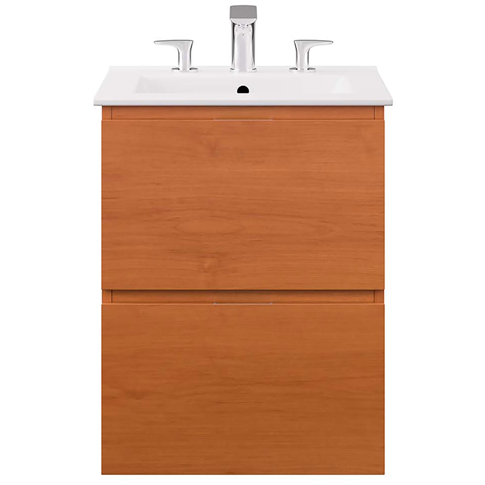 18 inch floating vanity in cherry wood with seamless dual drawers and a crisp white integrated basin || EEI-5810-CHE-WHI || front_studio