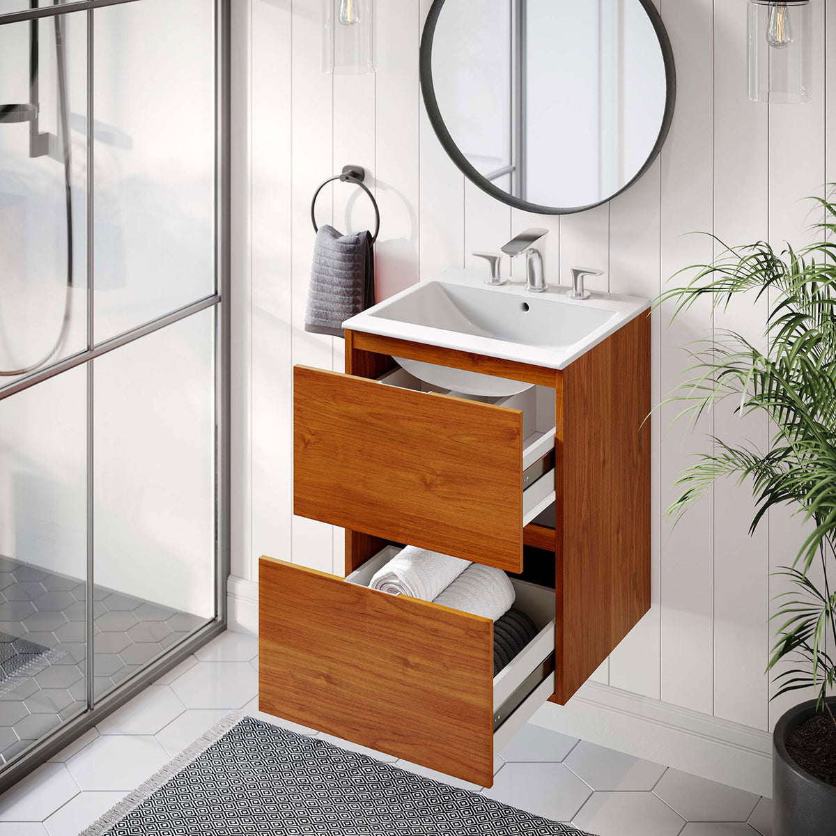 Open storage keeps towels and toiletries within reach in a sleek floating vanity || EEI-5810-CHE-WHI || front_angle_open_room