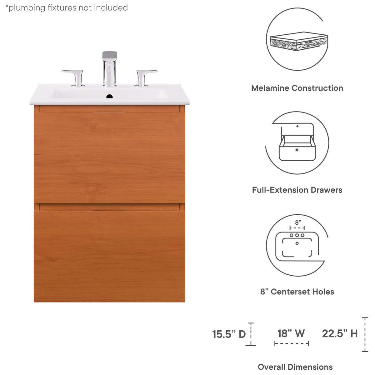 Feature highlights and dimensions for the Scenic floating vanity || EEI-5810-CHE-WHI || dimension_studio