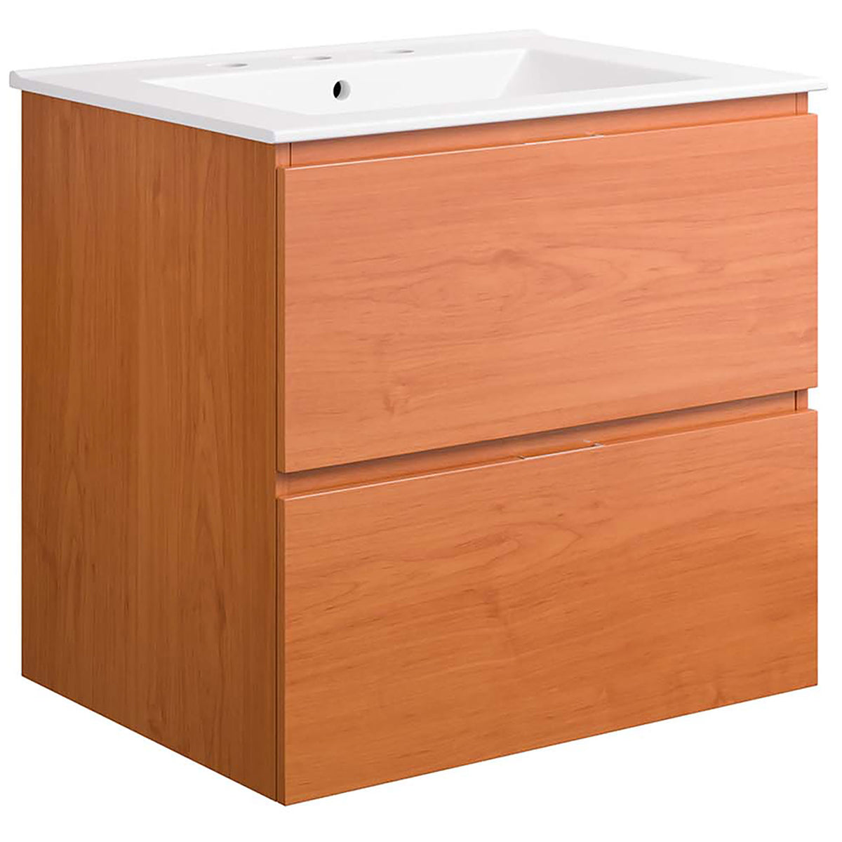 Warm cherry wood grain and seamless fronts deliver a minimalist wall-mounted vanity || EEI-5811-CHE-WHI || front_angle_studio