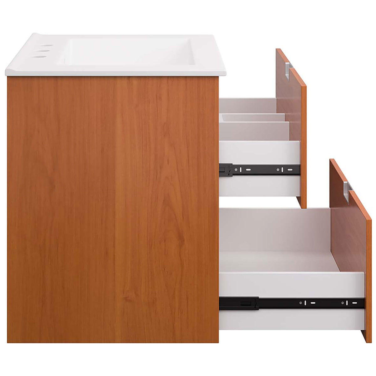 Full-extension drawers glide out smoothly to reveal spacious, divided storage || EEI-5811-CHE-WHI || side_open_studio