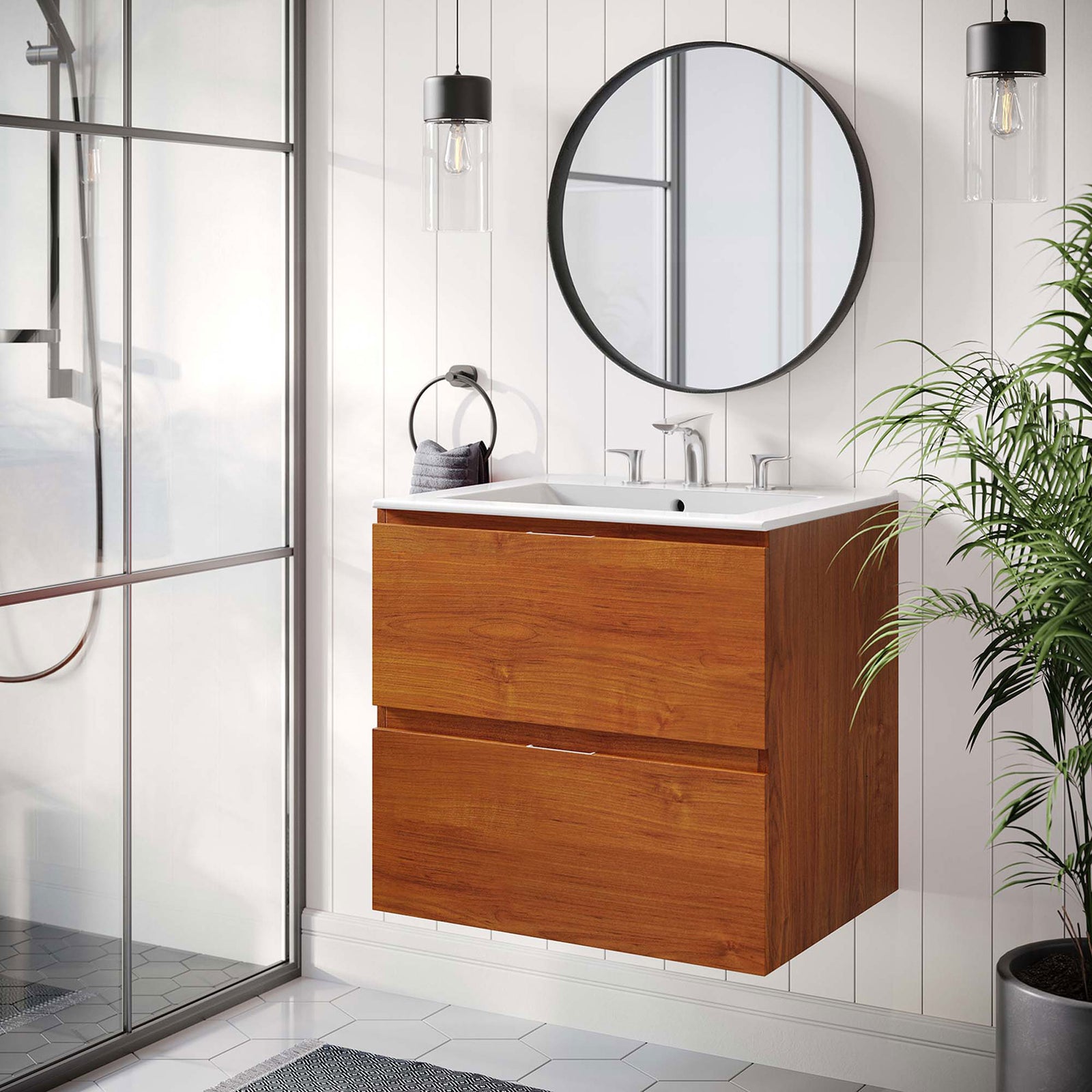 Modern bathroom scene showcases the floating cherry vanity with sleek hardware || EEI-5811-CHE-WHI || front_angle_room