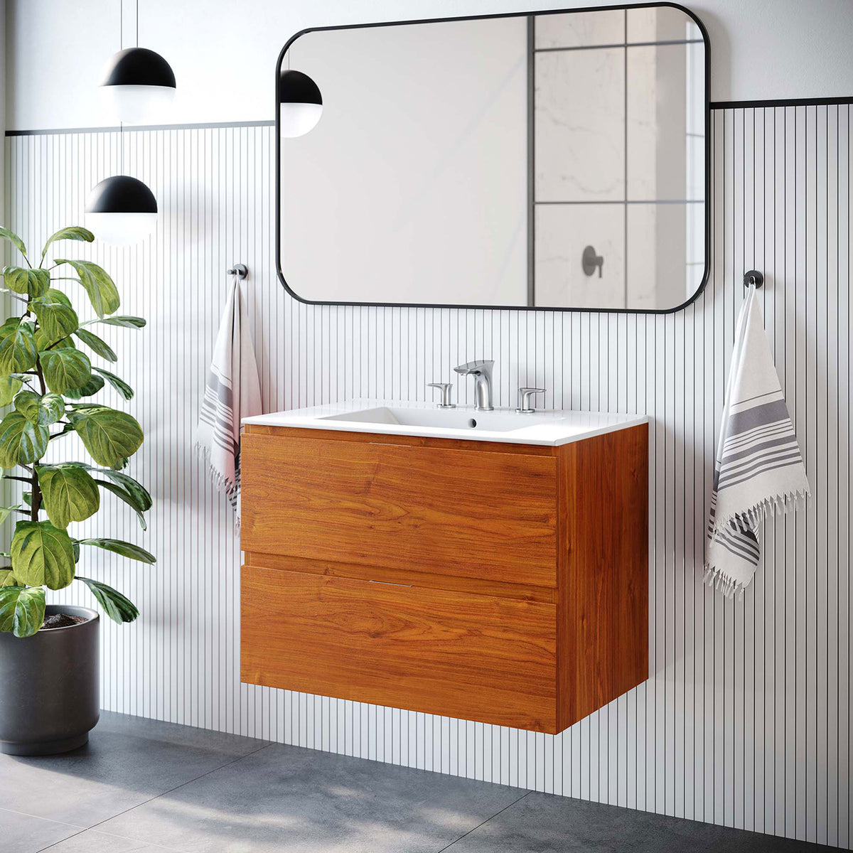 Floating cherry vanity brings warmth and simplicity to a contemporary bath || EEI-5812-CHE-WHI || front_angle_room