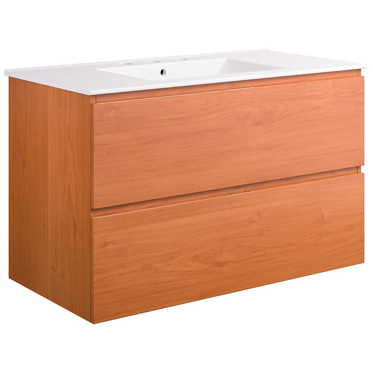 Wide, wall-mounted cabinet in cherry finish with smooth, seamless drawer fronts || EEI-5813-CHE-WHI || front_angle_studio