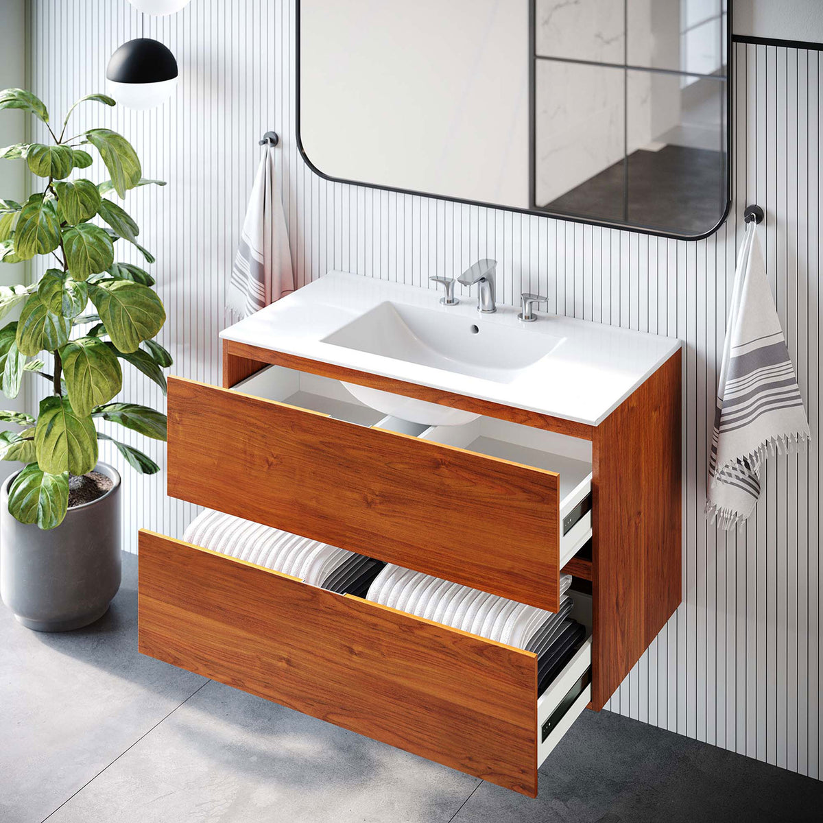 Open drawers display ample, divided storage across the wide floating vanity || EEI-5813-CHE-WHI || front_angle_open_room