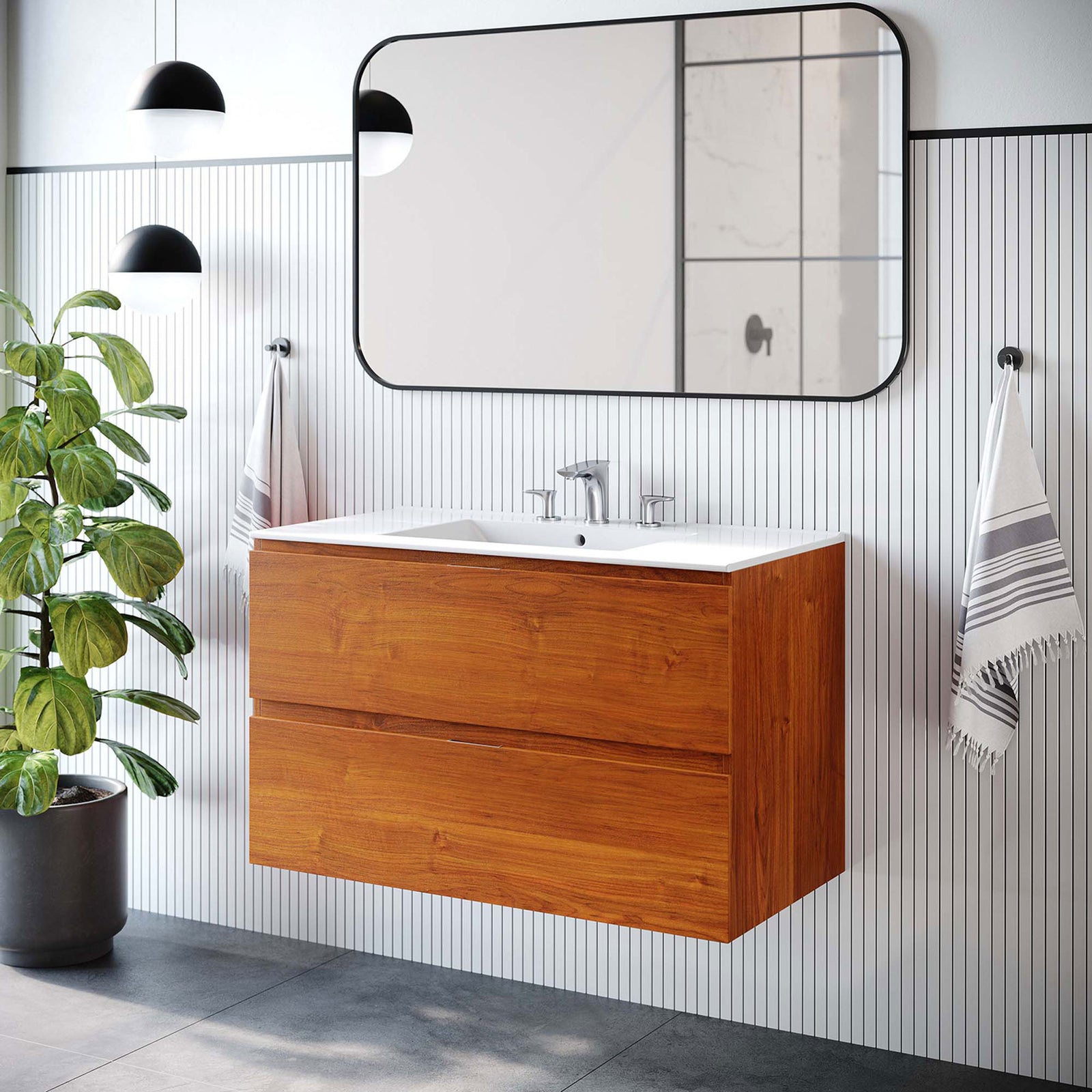 Modern bathroom styling with a warm cherry floating vanity as the focal point || EEI-5813-CHE-WHI || front_angle_room