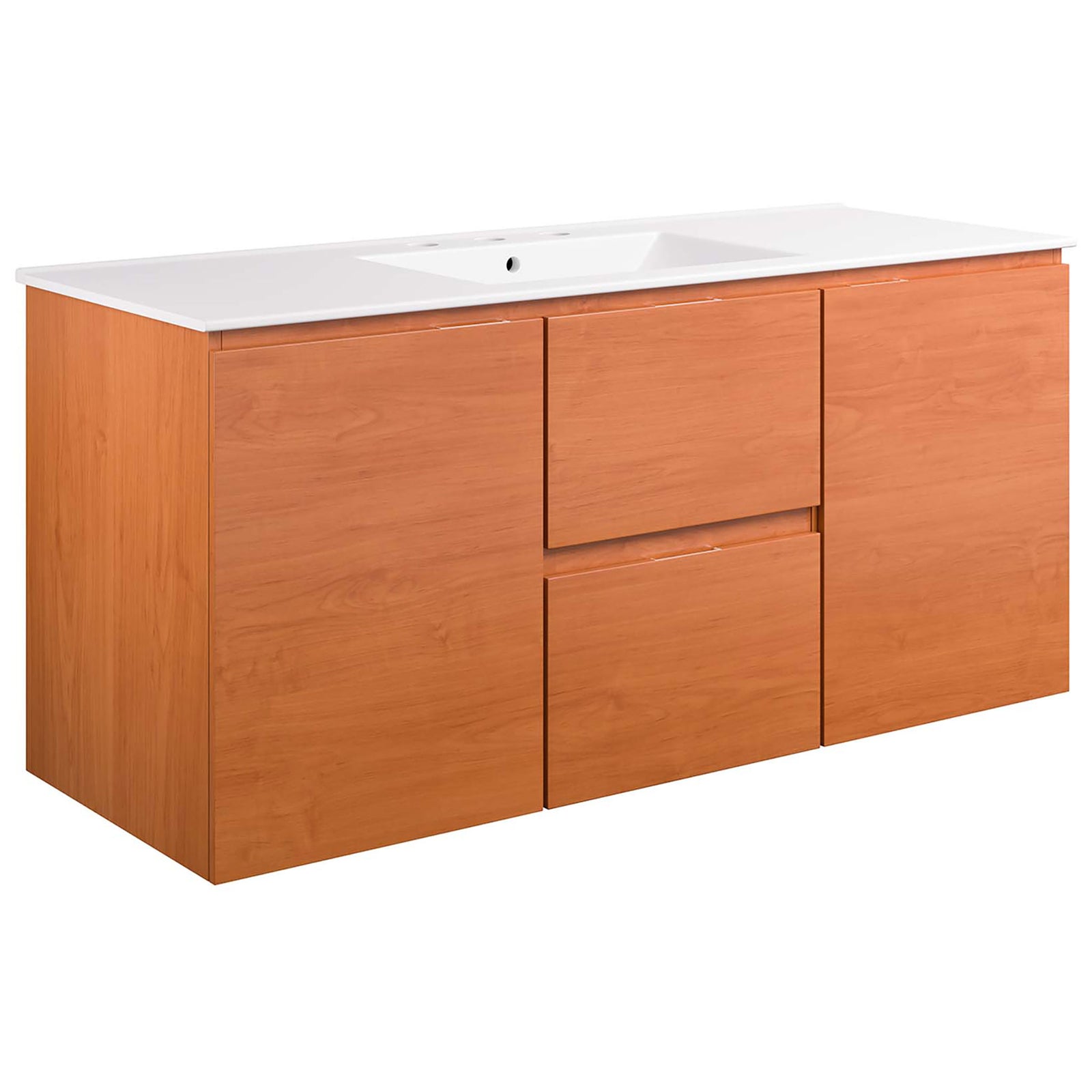 Sleek cherry wood grain vanity with integrated white ceramic sink and clean, modern lines || EEI-5814-CHE-WHI || front_angle_studio