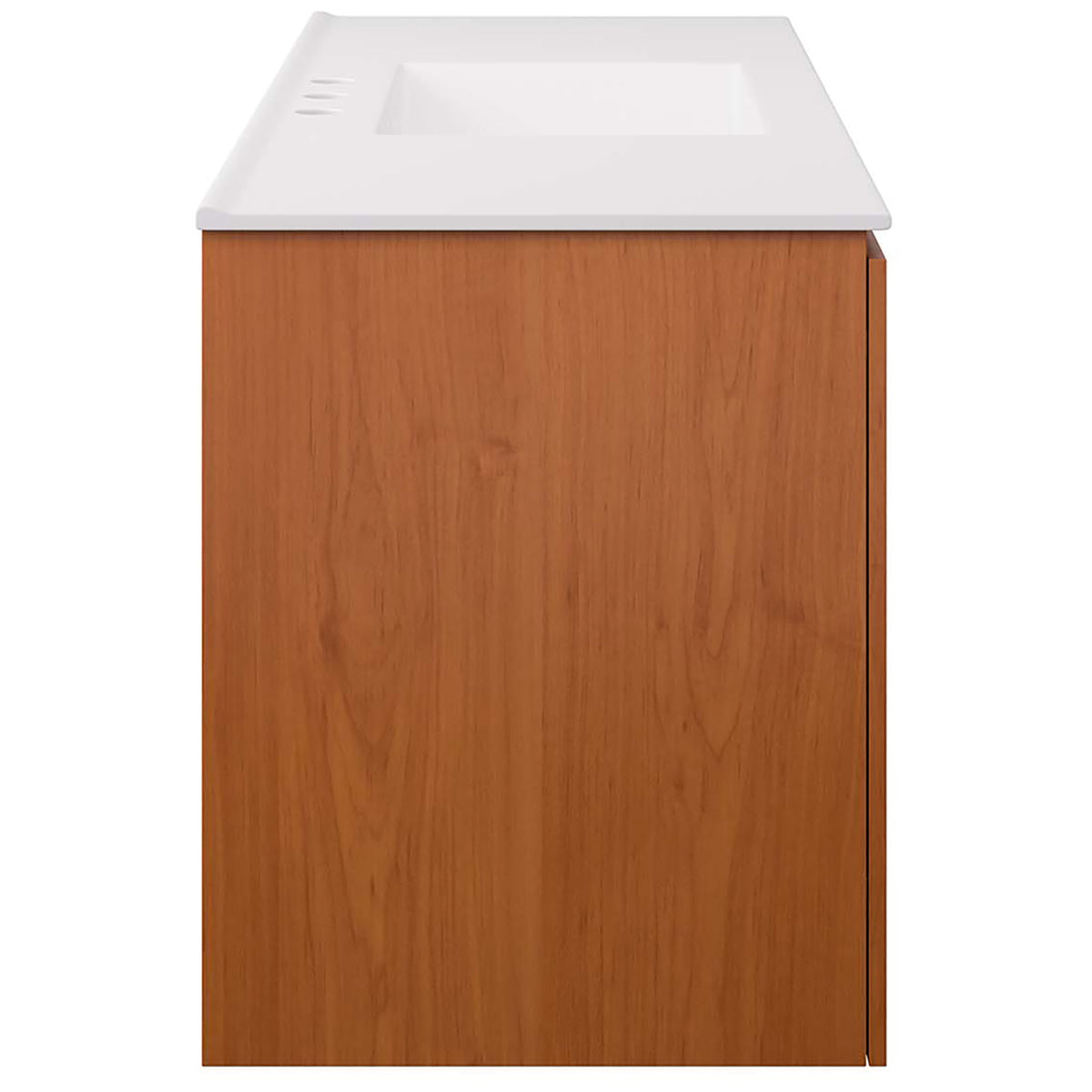 Sturdy wall mount cabinet in a warm cherry finish topped with a crisp white integrated basin || EEI-5814-CHE-WHI || side_studio