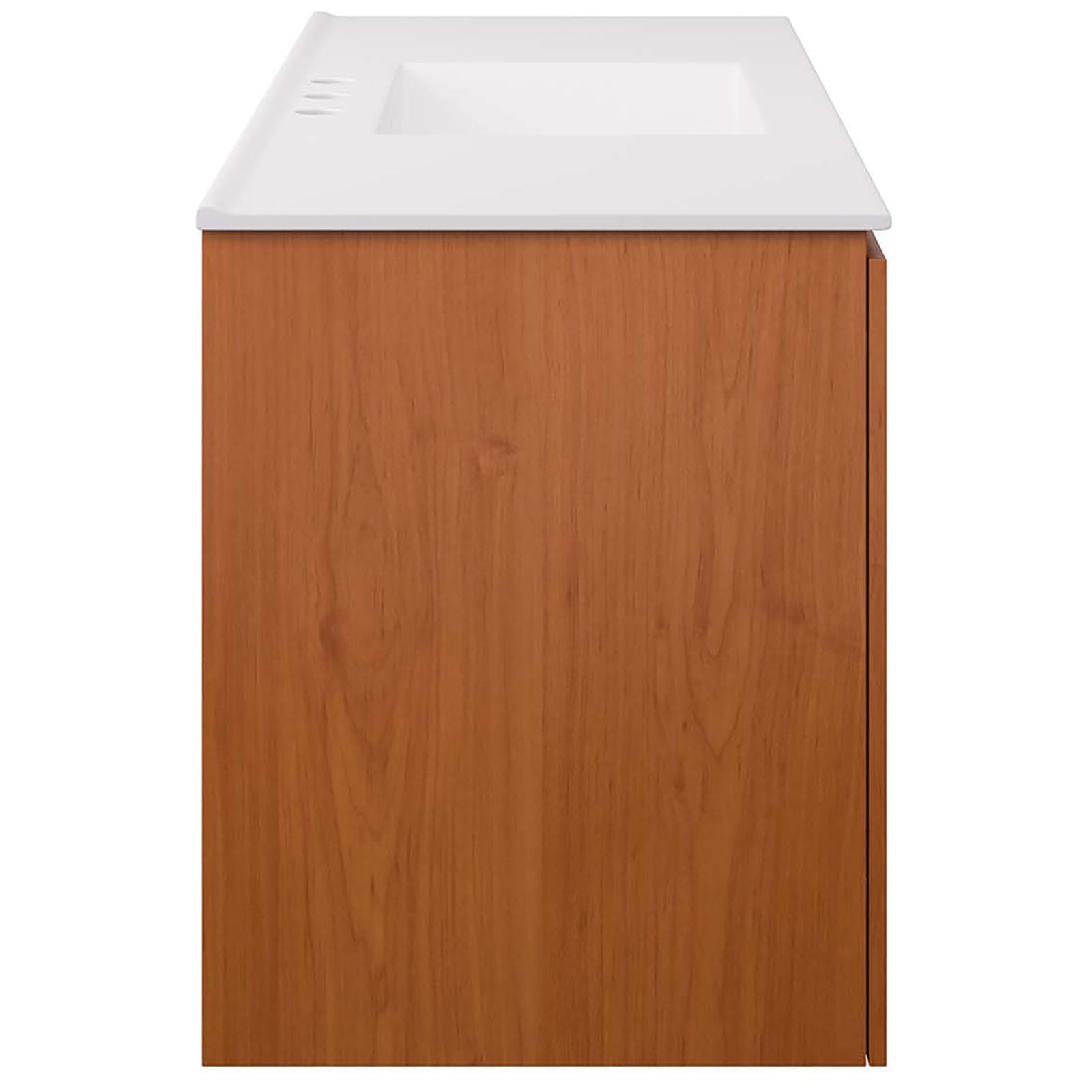 Sturdy wall mount cabinet in a warm cherry finish topped with a crisp white integrated basin || EEI-5814-CHE-WHI || side_studio