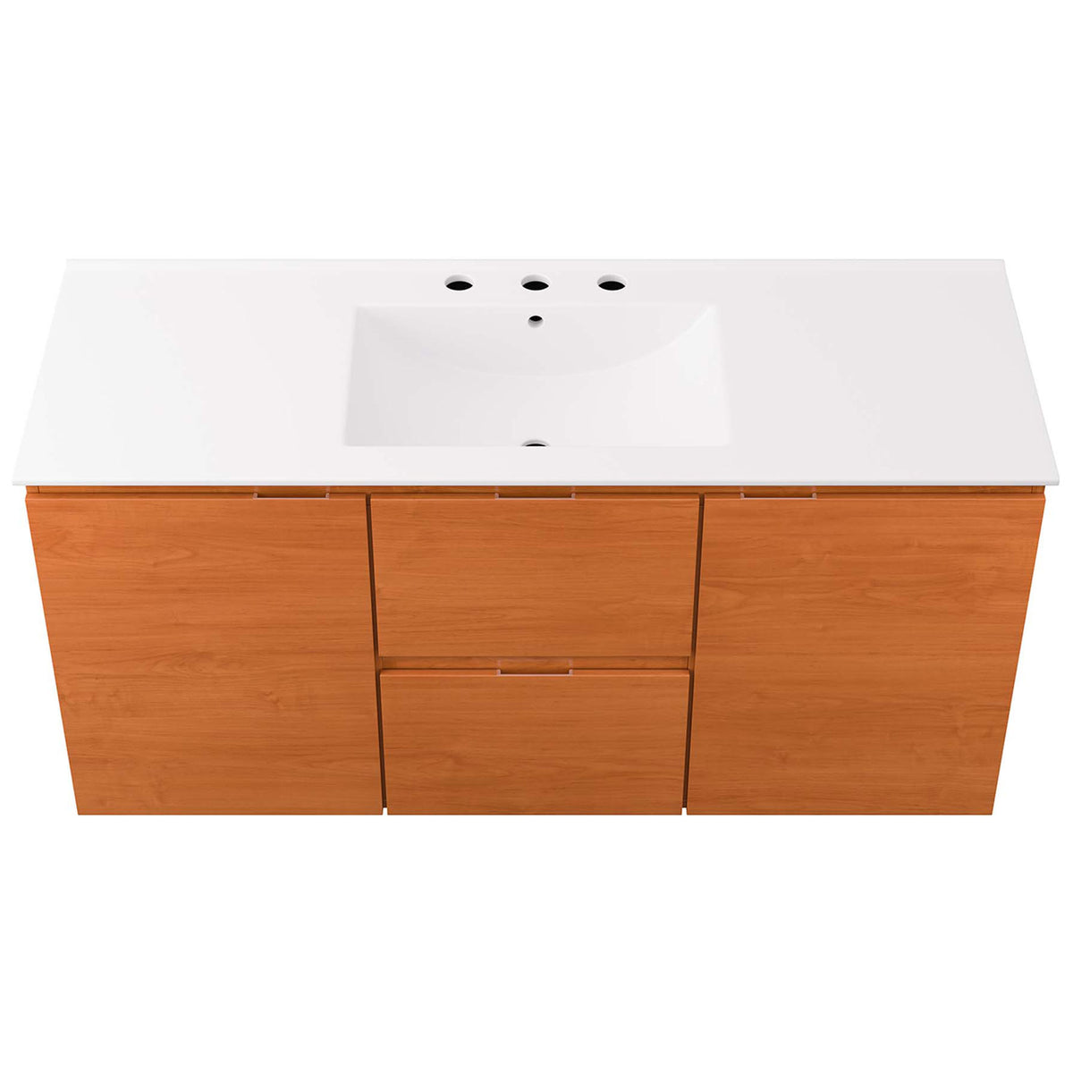 Integrated ceramic sink with predrilled 8 inch widespread holes on a smooth white countertop || EEI-5814-CHE-WHI || top_studio