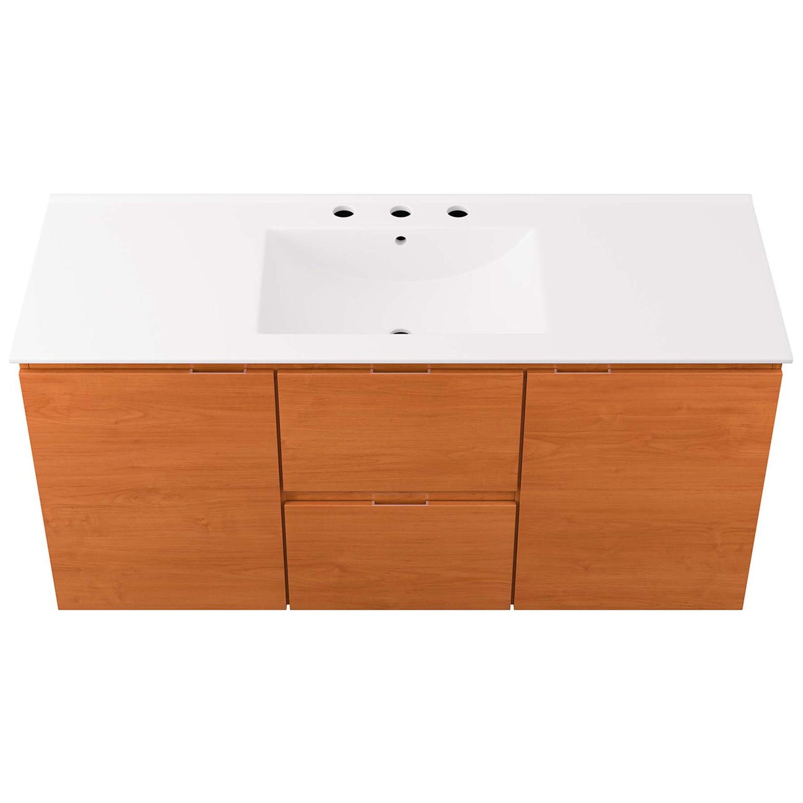 Integrated ceramic sink with predrilled 8 inch widespread holes on a smooth white countertop || EEI-5814-CHE-WHI || top_studio