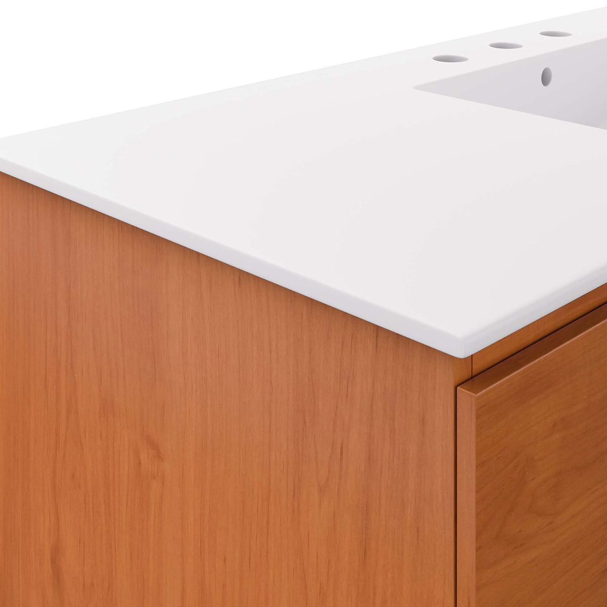 Matte white countertop edge detail accents the rich cherry cabinet for a refined contrast || EEI-5814-CHE-WHI || detail_studio