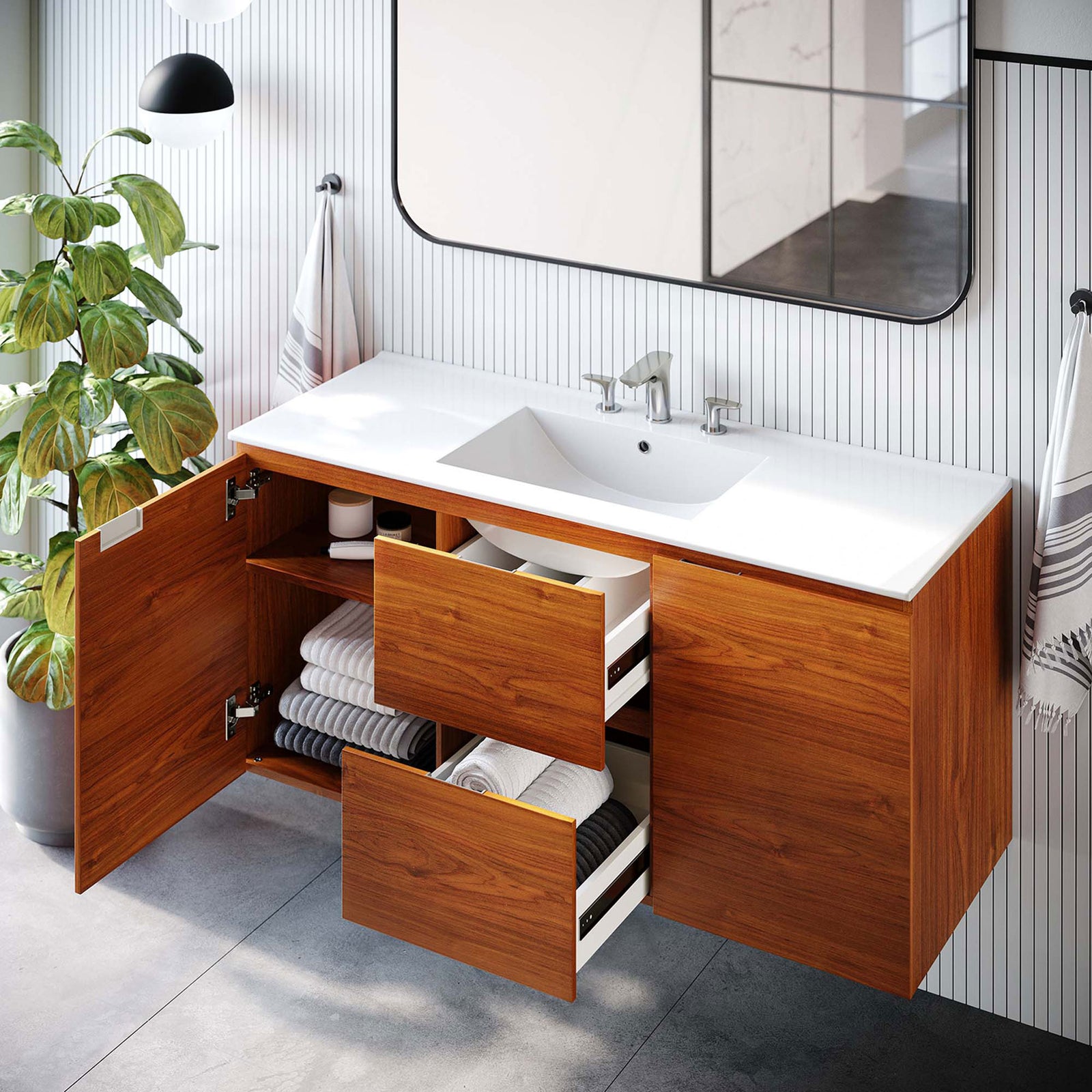 Doors and drawers open to reveal organized storage while the vanity floats cleanly on the wall || EEI-5814-CHE-WHI || front_angle_open_room