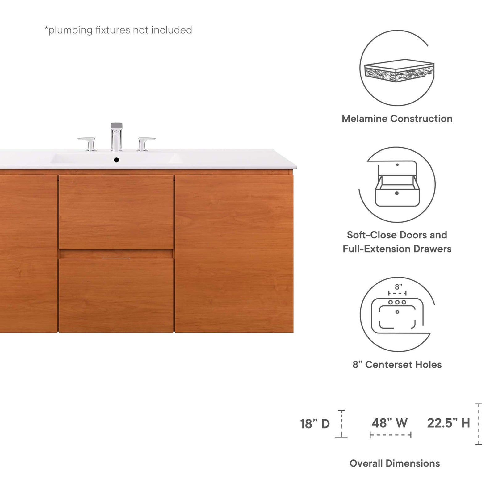 Key features and overall dimensions highlight melamine construction and soft-close functionality || EEI-5814-CHE-WHI || dimension_studio
