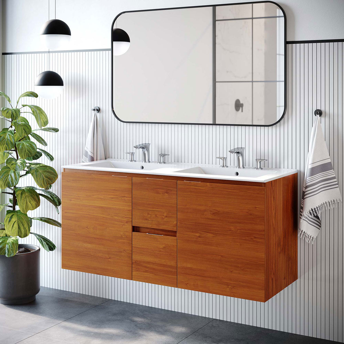 Floating double vanity adds warm cherry wood grain and a crisp white top to modern bathrooms. || EEI-5815-CHE-WHI || front_room