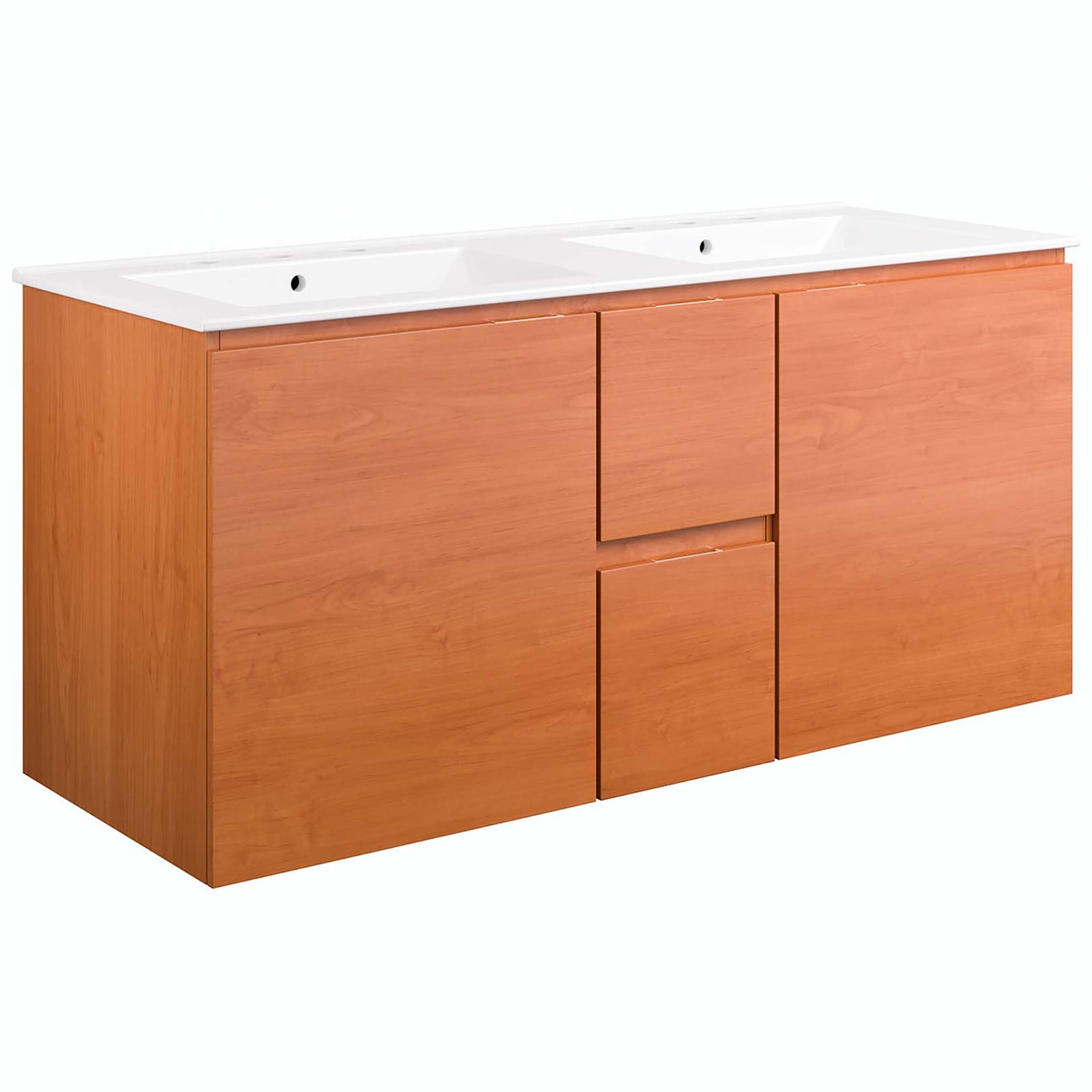 Cherry wood grain vanity with integrated white double sinks and clean, handleless doors and drawers. || EEI-5815-CHE-WHI || front_angle_studio