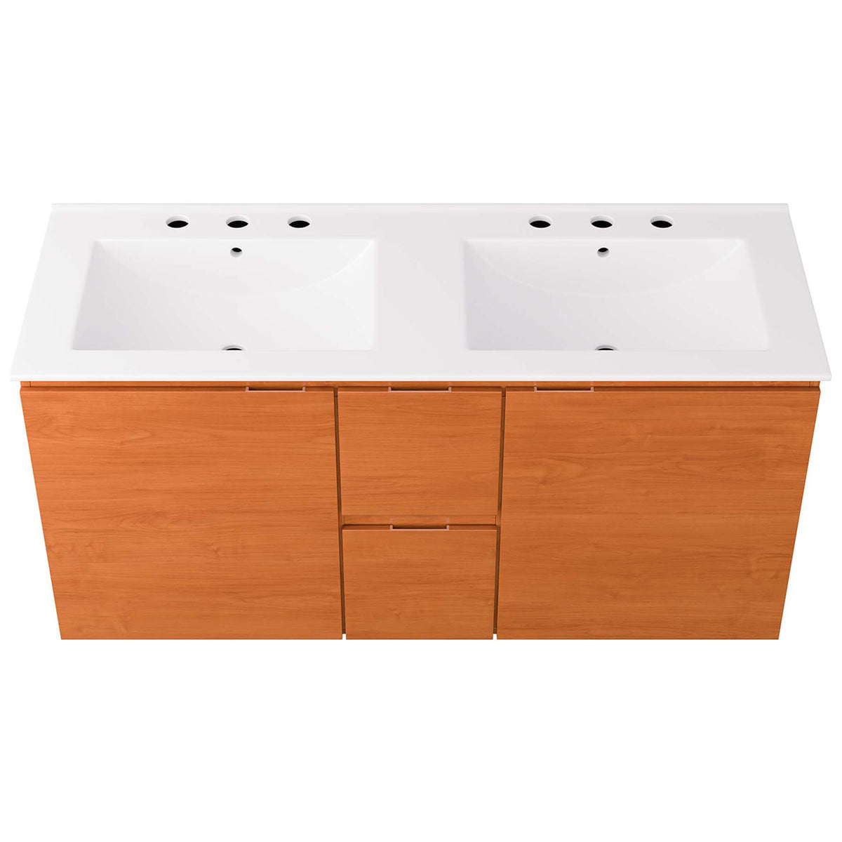 Integrated white double sinks with 8-inch widespread faucet holes on a seamless countertop. || EEI-5815-CHE-WHI || top_studio