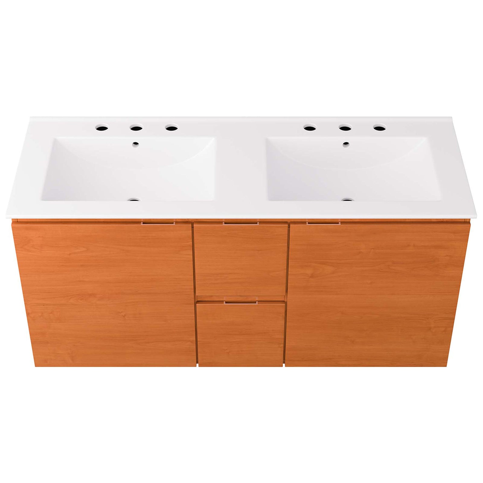Integrated white double sinks with 8-inch widespread faucet holes on a seamless countertop. || EEI-5815-CHE-WHI || top_studio
