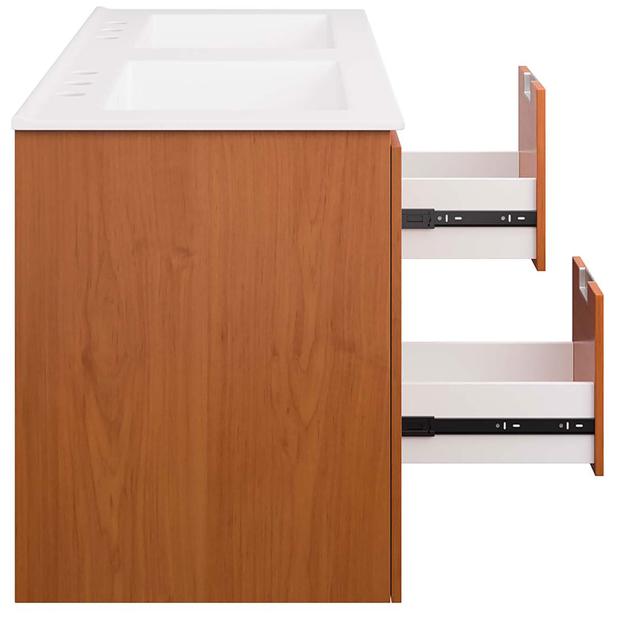 Full-extension drawers glide smoothly to reveal organized storage in the vanity center stack. || EEI-5815-CHE-WHI || side_open_studio