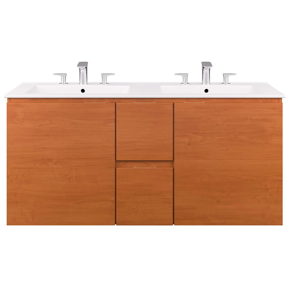 Clean-lined double vanity pairs a warm cherry wood grain finish with a bright integrated white top. || EEI-5815-CHE-WHI || front_studio